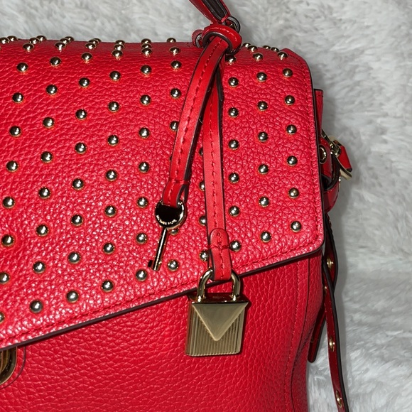 Michael Kors MK Bristol Studded Leather Satchel Crossbody Purse Shoulder Bag Red - Picture 5 of 17